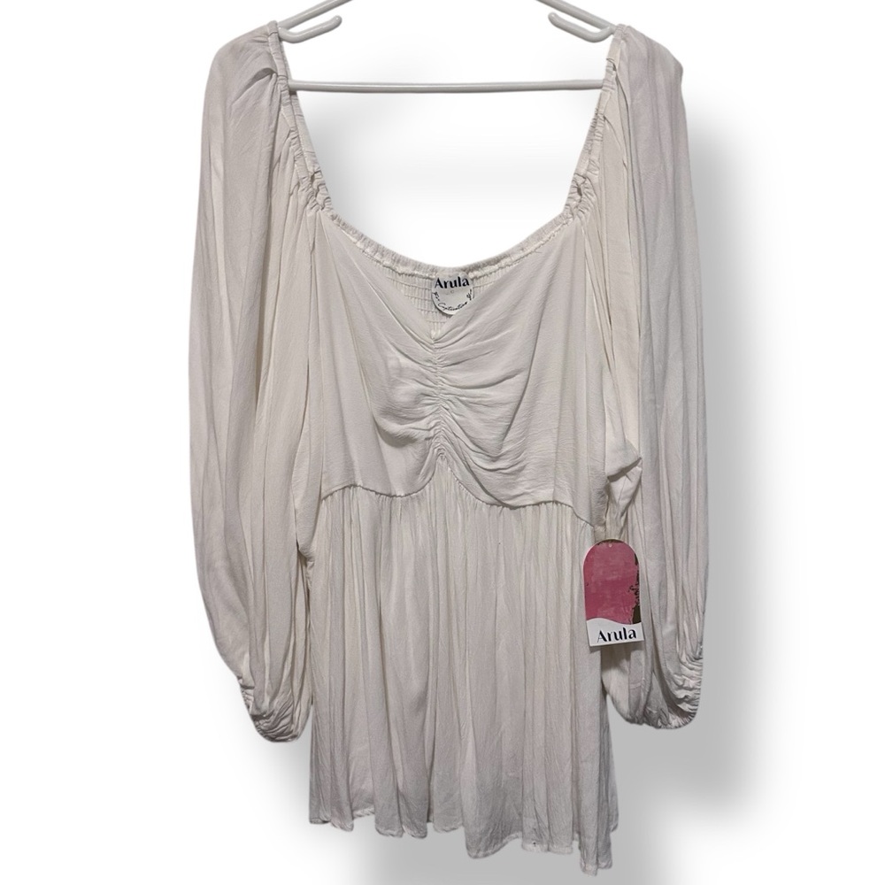 Arula NWT Off-White Peasant Blouse 3X | Boho Balloon Sleeves & Smocked Back